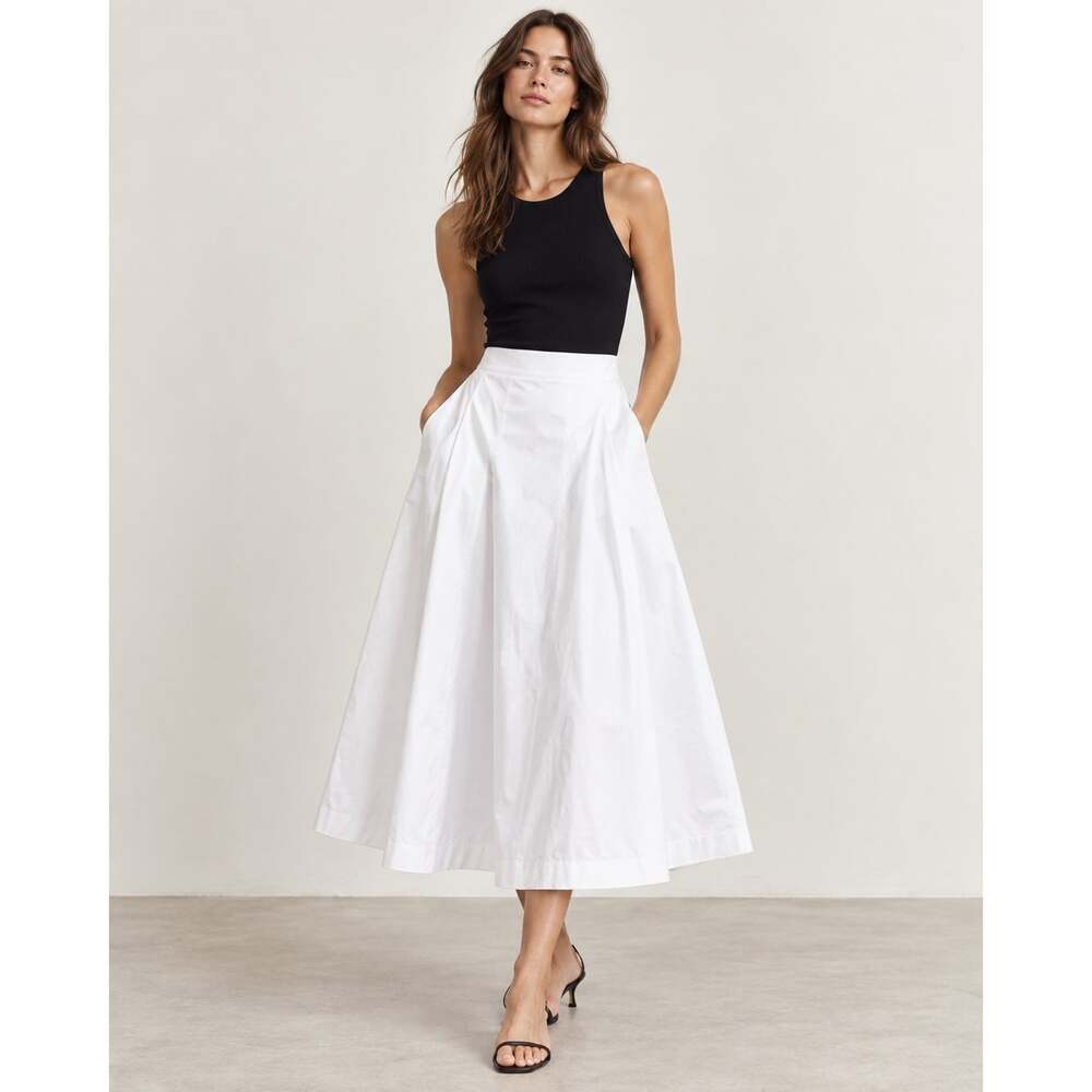 NWT ZARA Women’s White Cotton Midi Skirt Size Medium A-Line Full